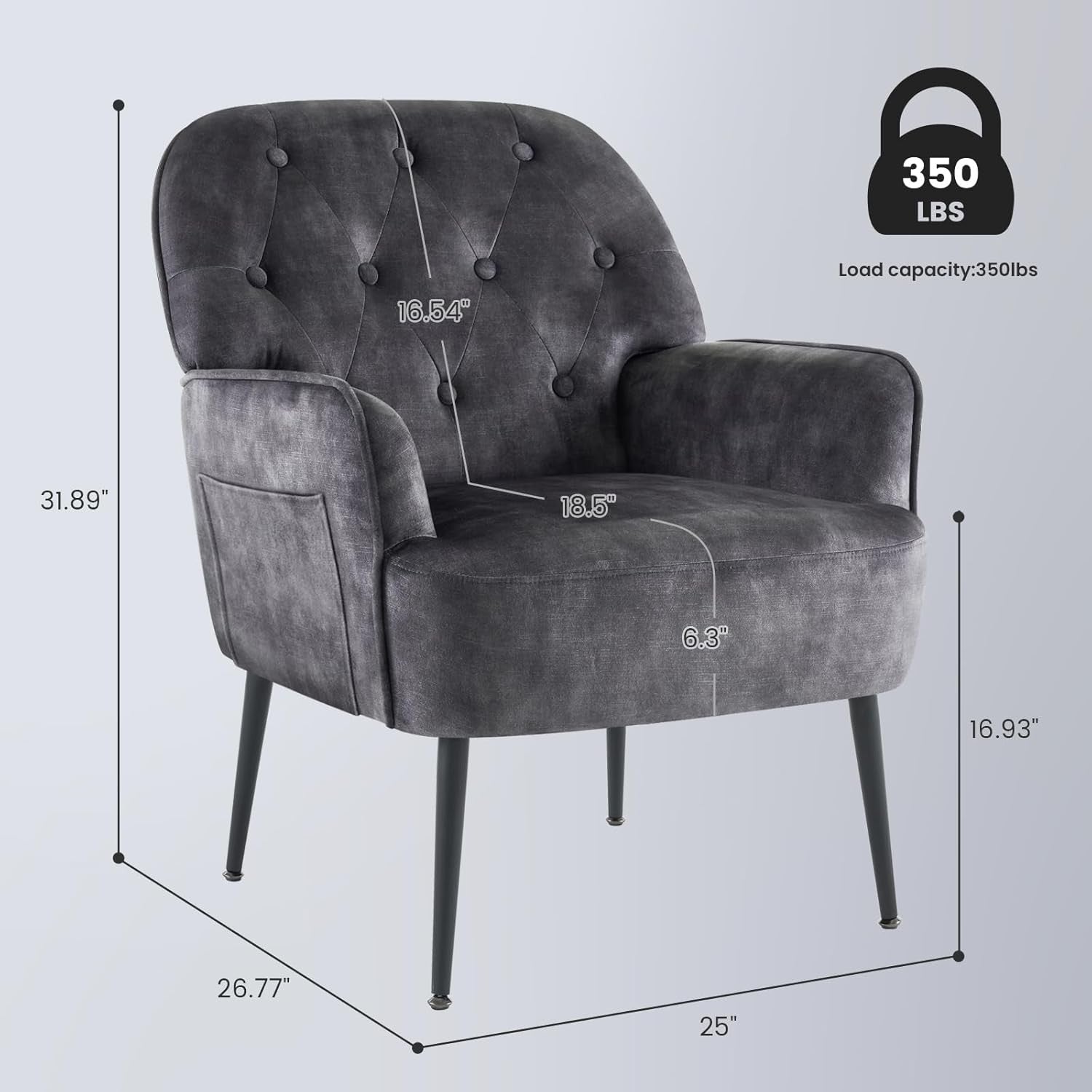 Velvet Accent Armchair Tufted Mid Century Lounge Chair Grey