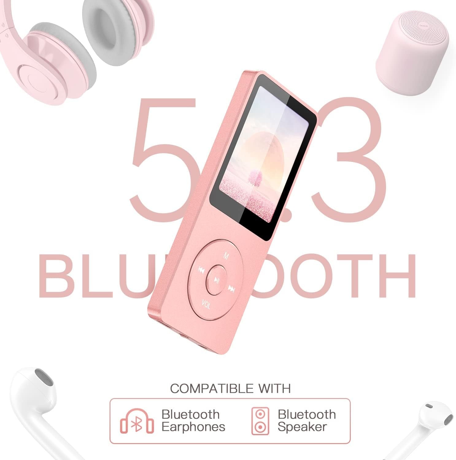 32GB MP3 Player Bluetooth 5.3 1.8" Screen Speaker FM Pink
