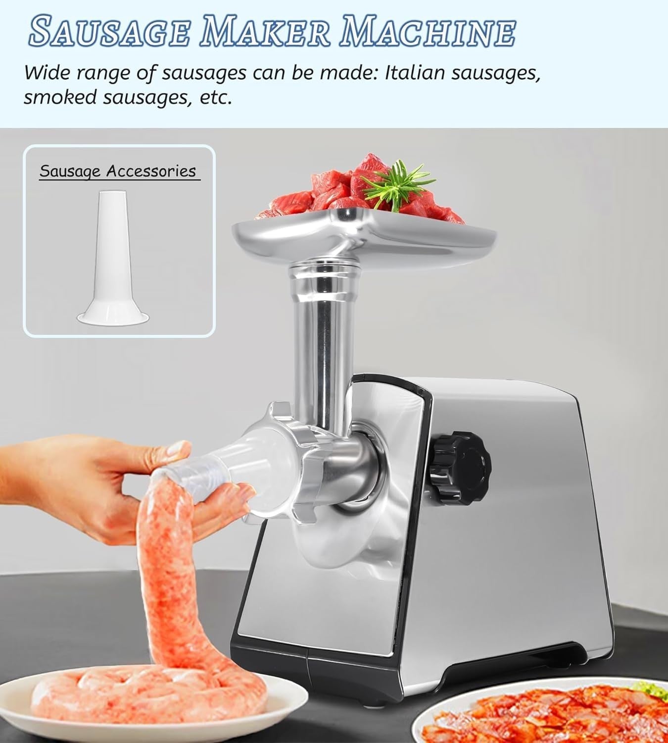 2800W Electric Meat Grinder Sausage Maker Mincer 3 Plates Silver