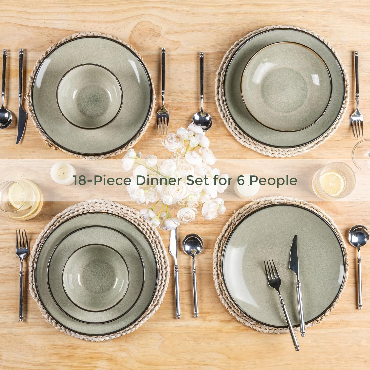 18pc Stoneware Dinner Set for 6 Plates Bowls Scratch Resistant Dishwasher Safe