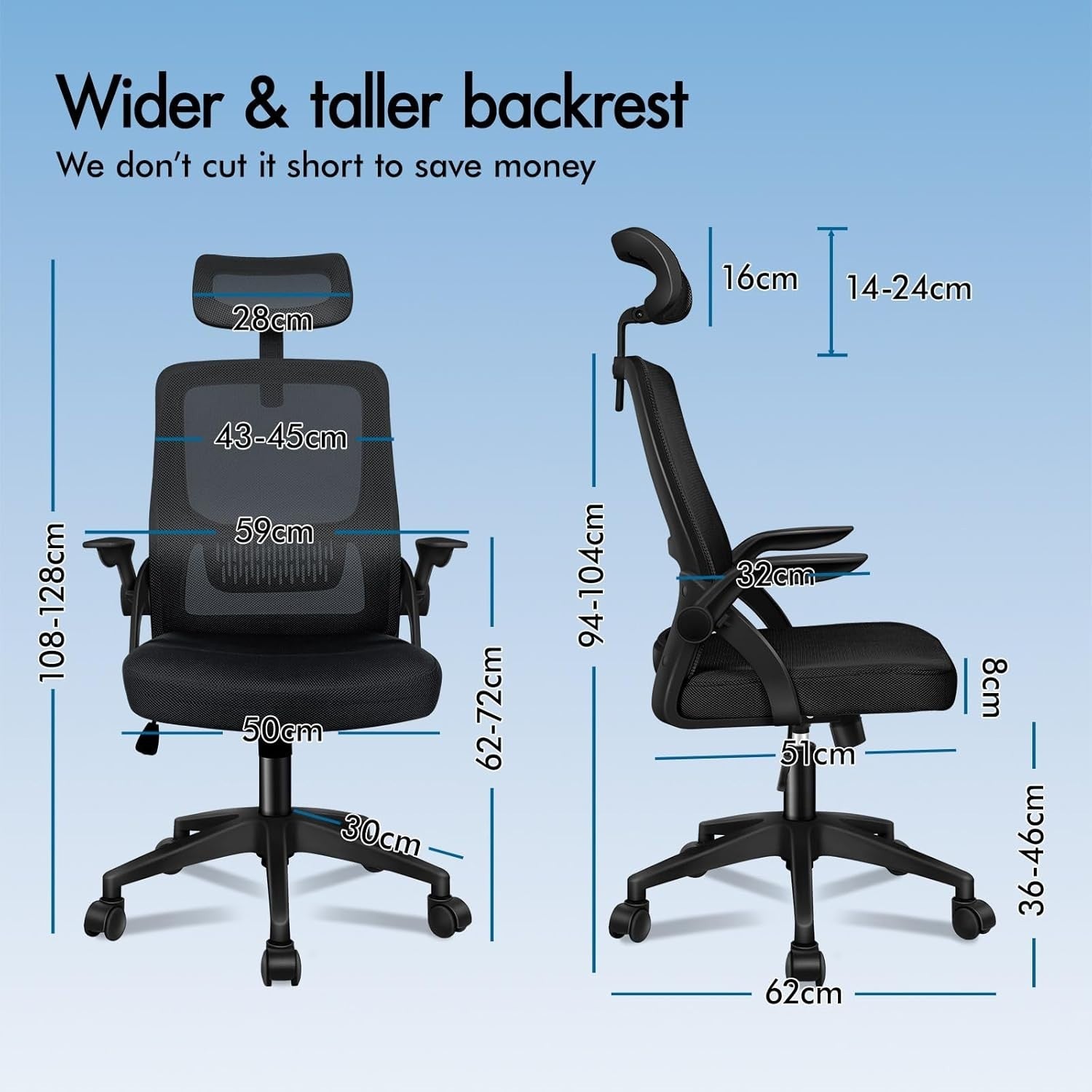 Ergonomic Mesh Office Chair Adjustable Desk Gaming Chair Flip-Up Arms Black 180k
