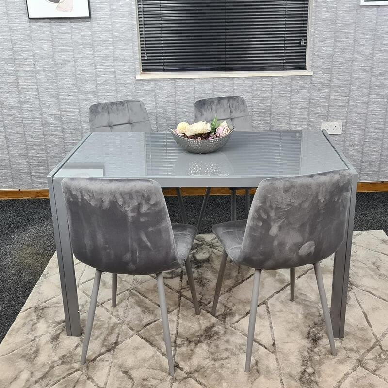Grey Glass Dining Table Set with 4 Velvet Chairs Modern Padded Seats 134cm