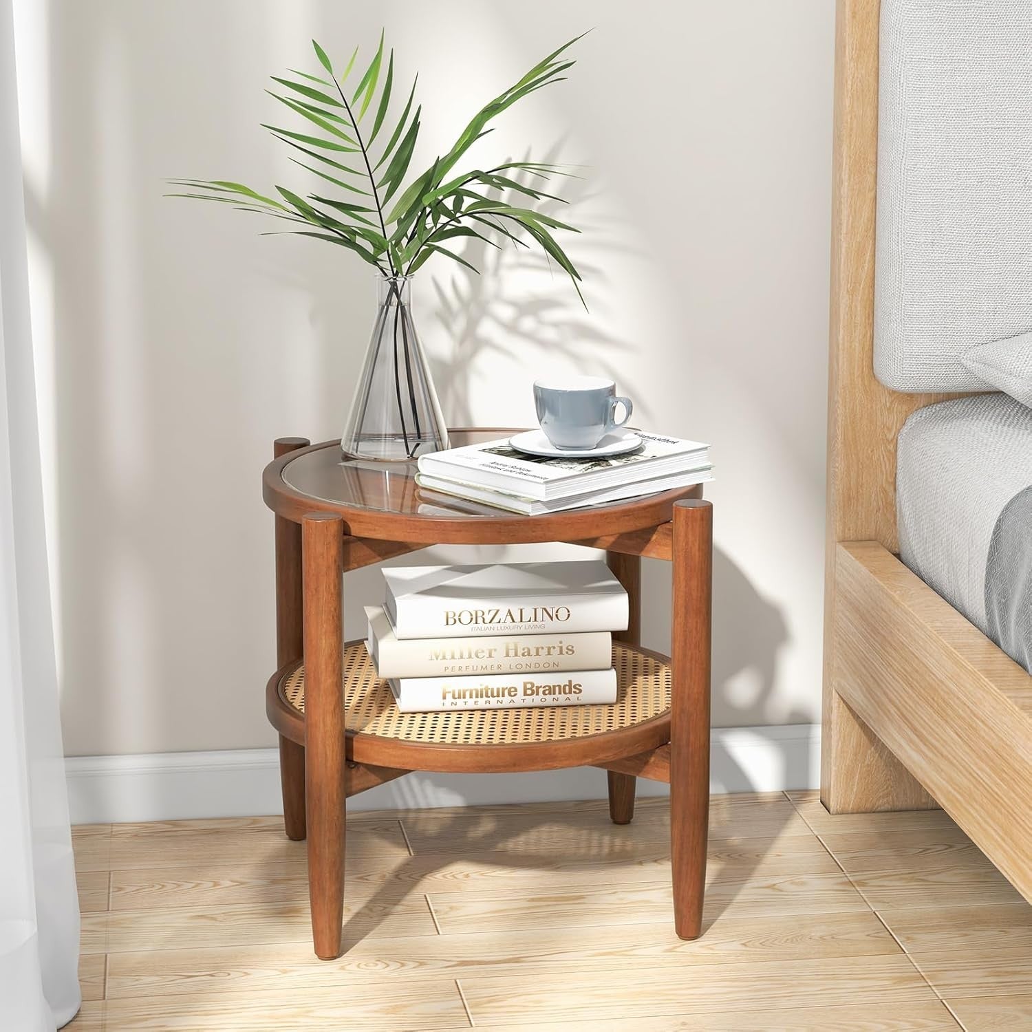 2-Tier Rattan Round Side Tables with Tempered Glass Top & Acacia Wood Legs (2PCS