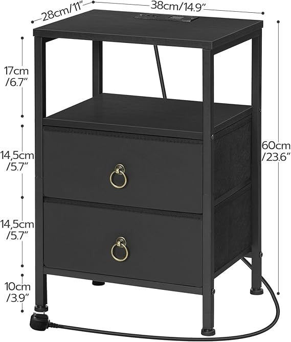 Black Bedside Table with Charging Station, 2 Drawers USB Ports Modern Nightstand