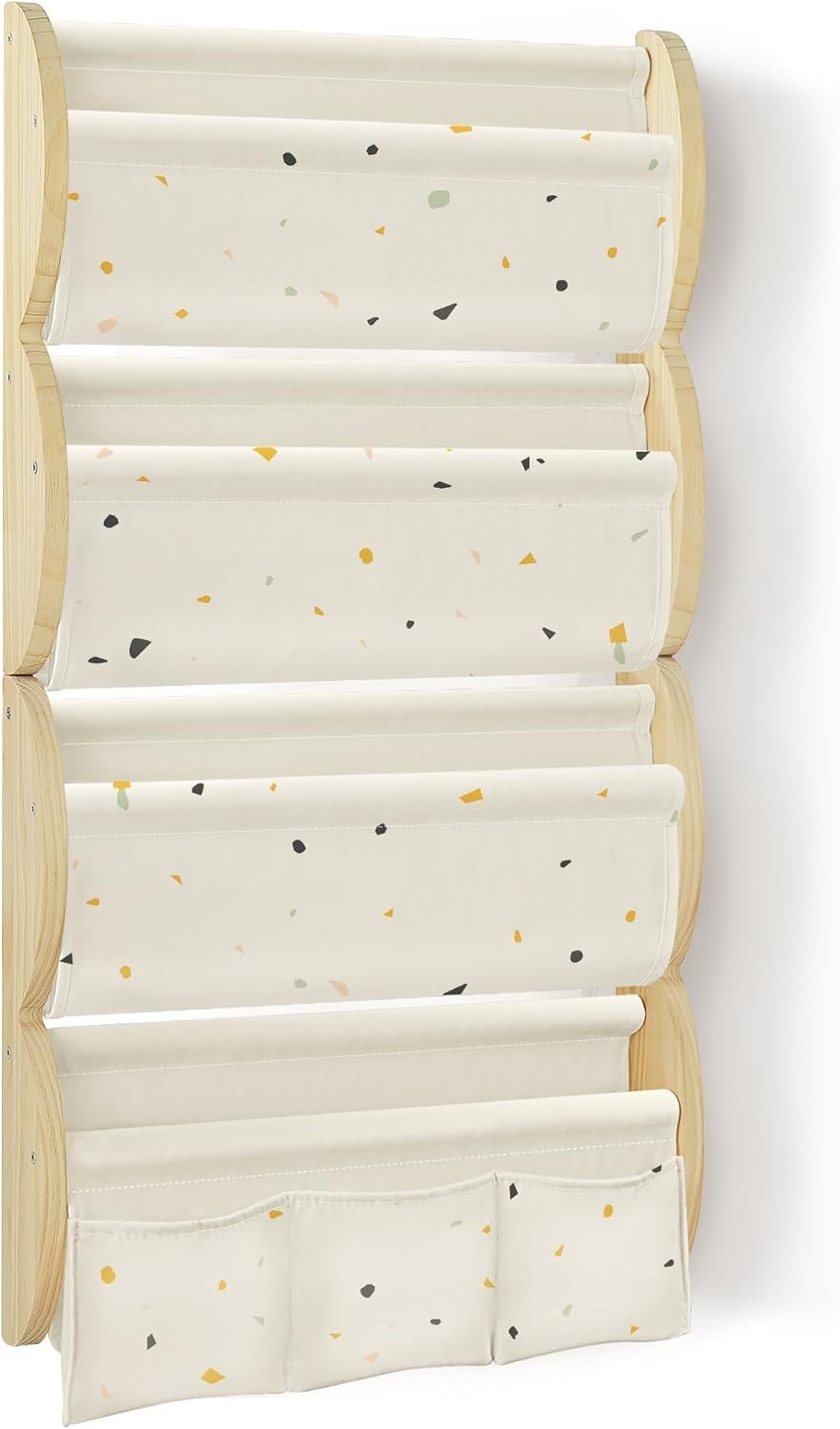 4-Tier Wall Mounted Kids Bookshelf with Fabric Sling & Pockets, Pine Wood