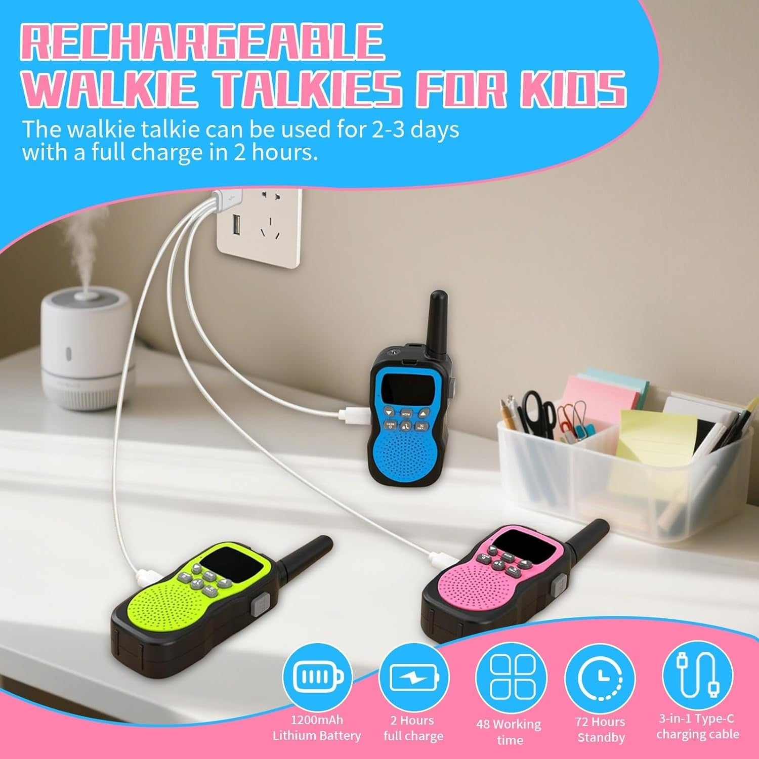 Kids Rechargeable Walkie Talkies 3 Pack 3KM Range 22CH LED Flashlight