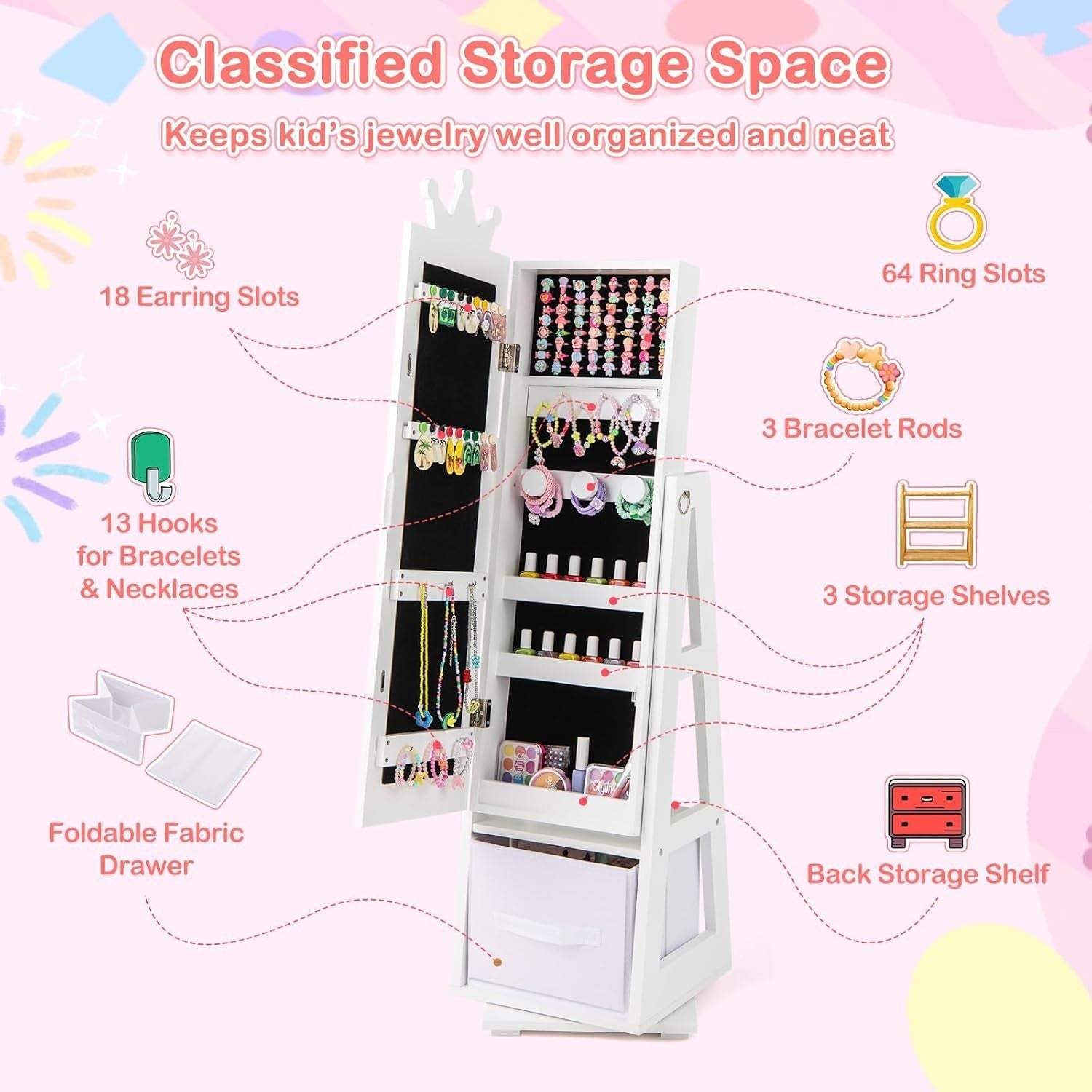 White 360° Rotating Jewellery Armoire Full Length Mirror Storage