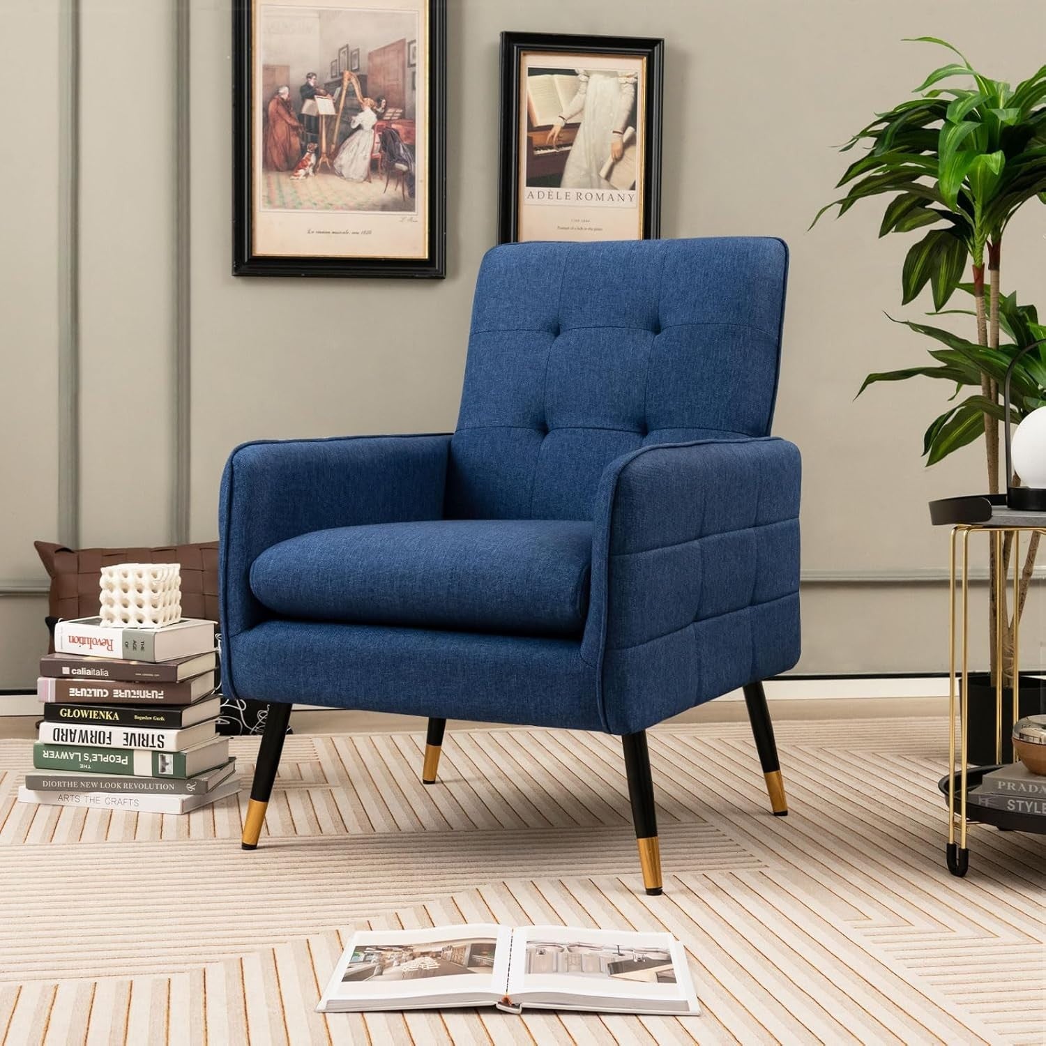 Comfy Blue Linen Accent Chair, Modern Tufted Sofa Chair with Metal Legs