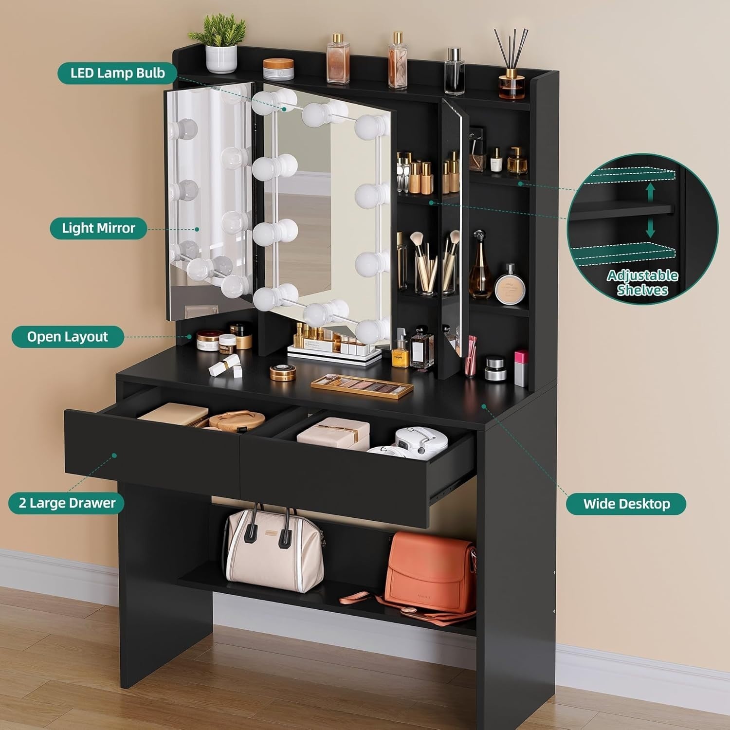 Black Dressing Table Vanity Set with 3 Mirrors, 9 LED Lights, 2 Drawers Storage