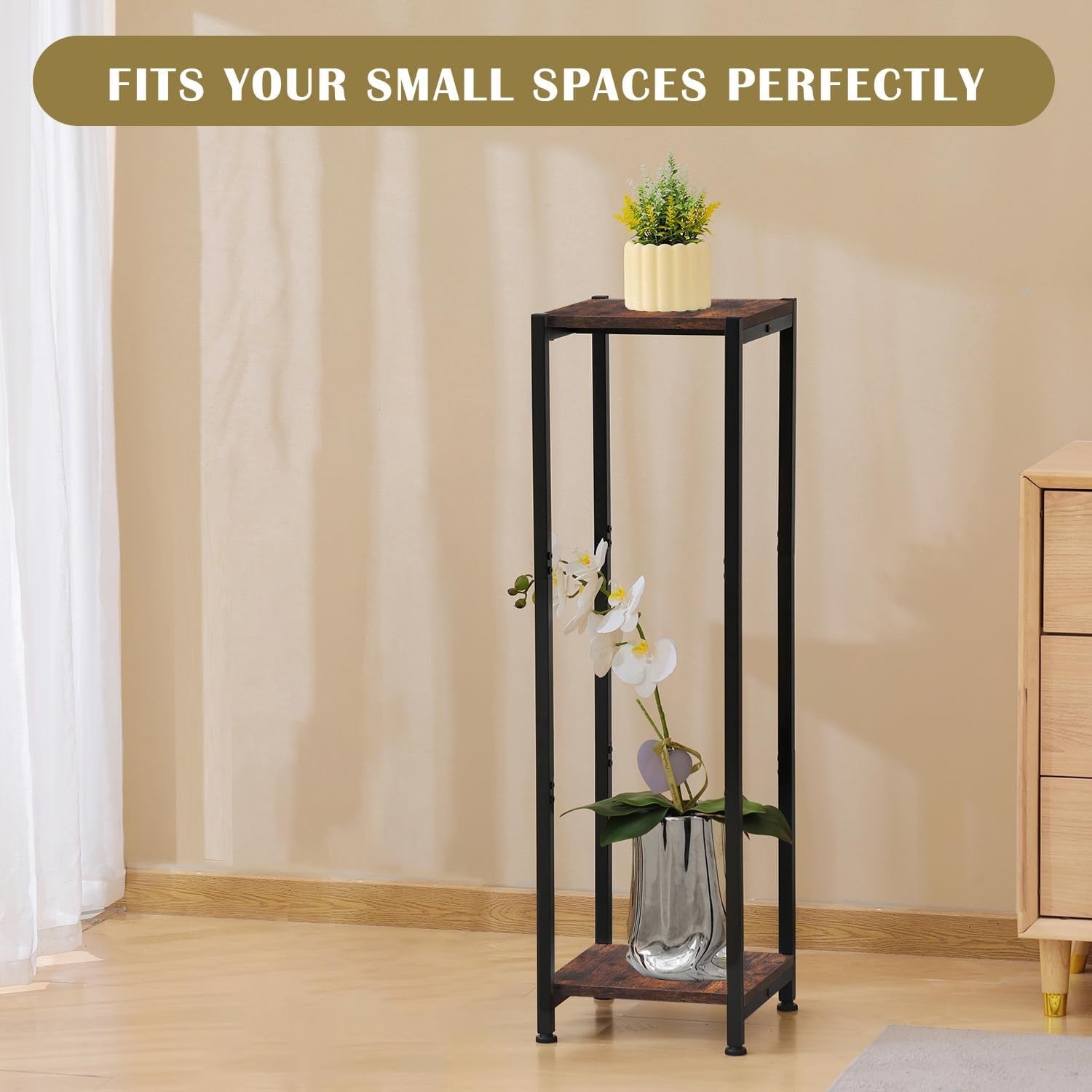 2 Tier Tall Metal Plant Stand Indoor Outdoor Display Rack Rustic Wood Shelf