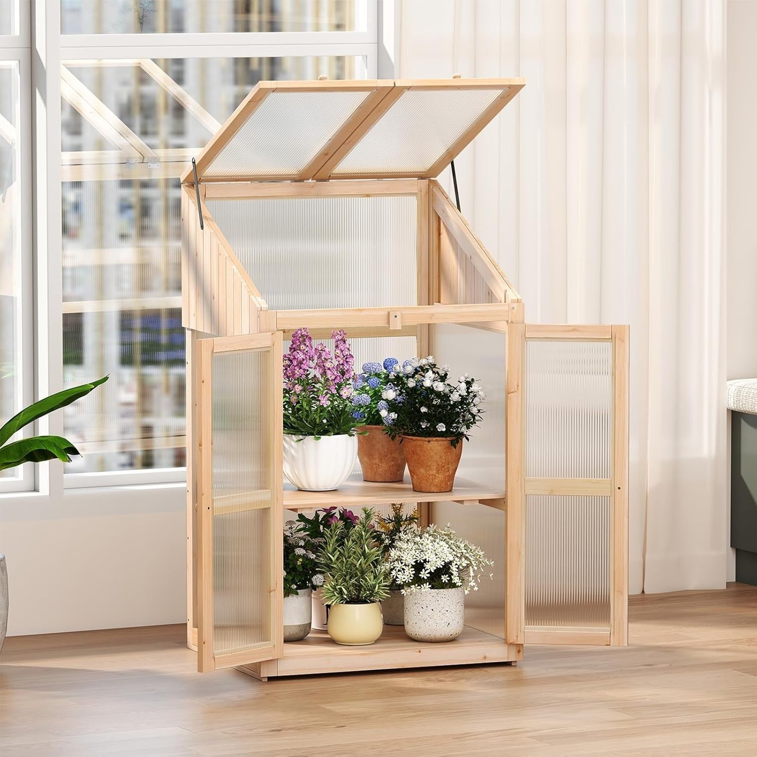 Wooden Cold Frame Greenhouse 69x58x121cm with Shelves & Lockable Doors