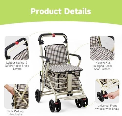 Walk & Rest Shopping Trolley with Seat 27L Foldable 4 Wheel Brakes White