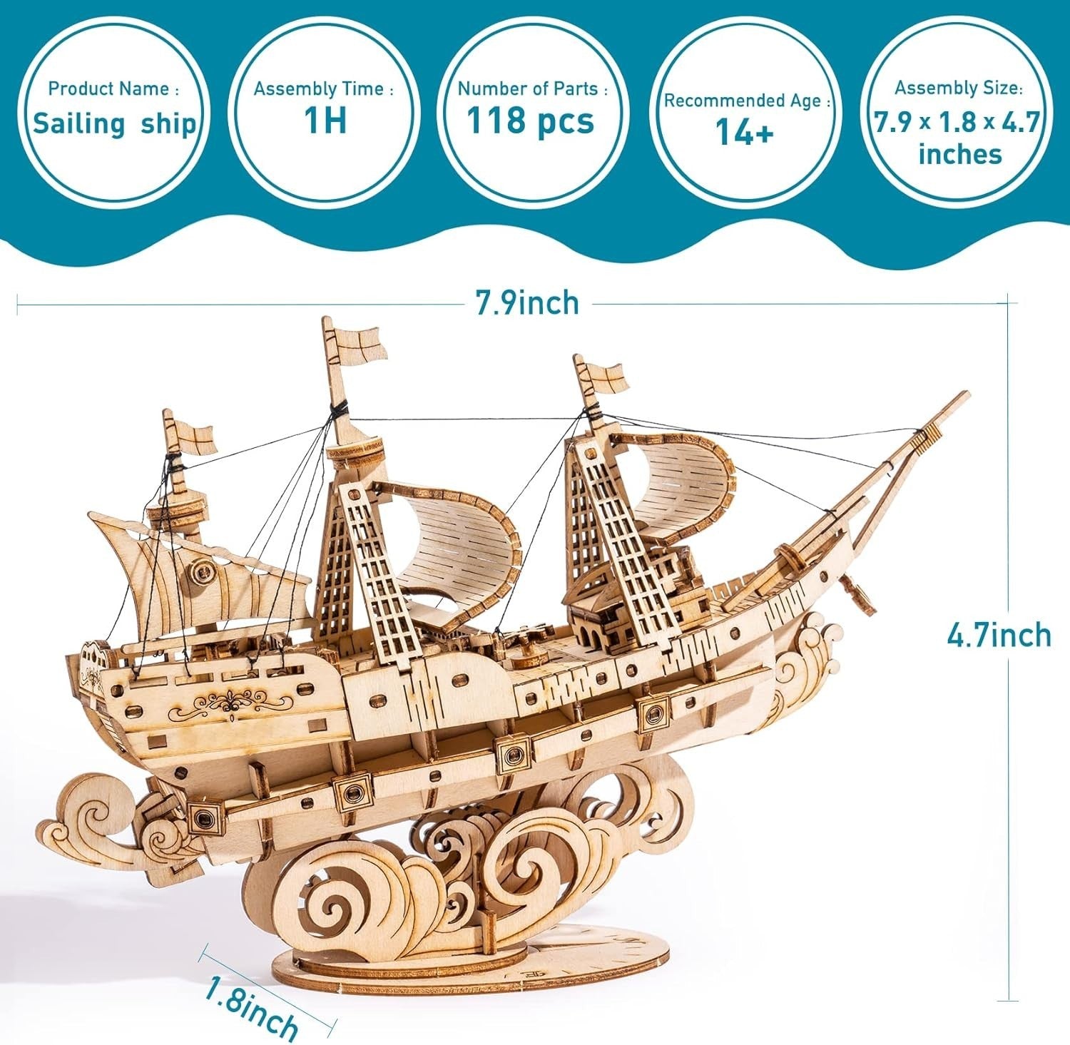 3D Wooden Boat Puzzle DIY Model Kit for Kids & Adults - Brain Teaser Toy