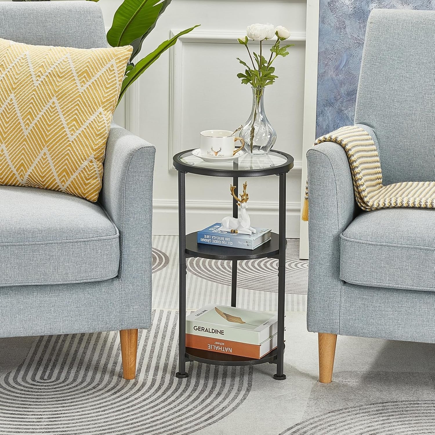Modern 3-Tier Round Side Table with Tempered Glass, Storage, 30x30x55cm