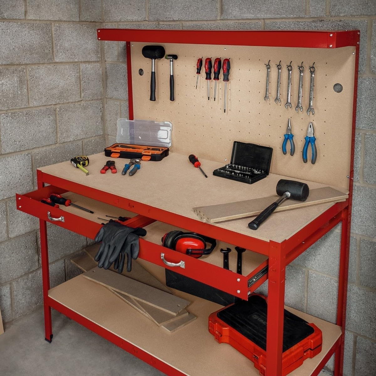 Red Garage Workbench Steel Pegboard Drawer LED Light 370kg Tool Station