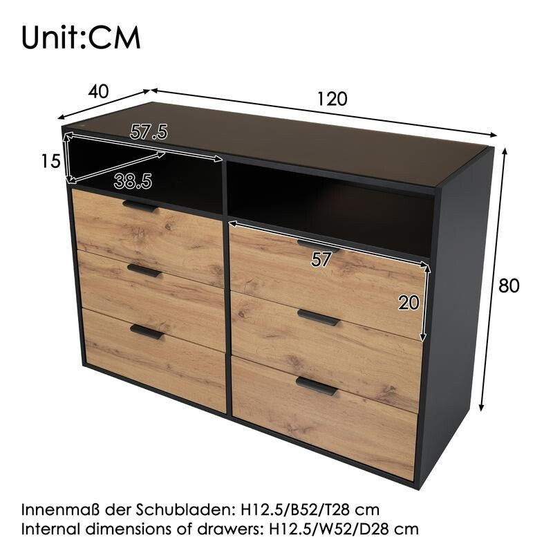 Modern 6 Drawer Sideboard Cabinet with Shelves Oak Chest Storage Unit