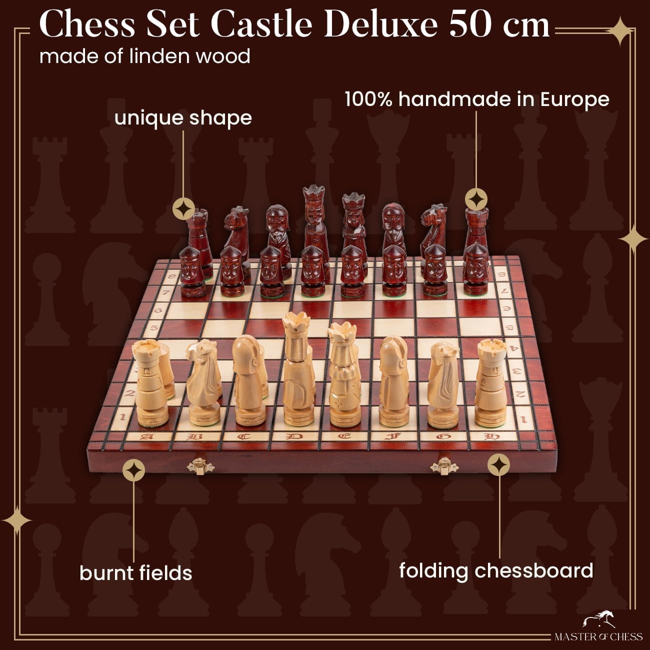 50cm Luxury Inlaid Wooden Chess Set – Handcrafted Folding Board & Tall Weighted
