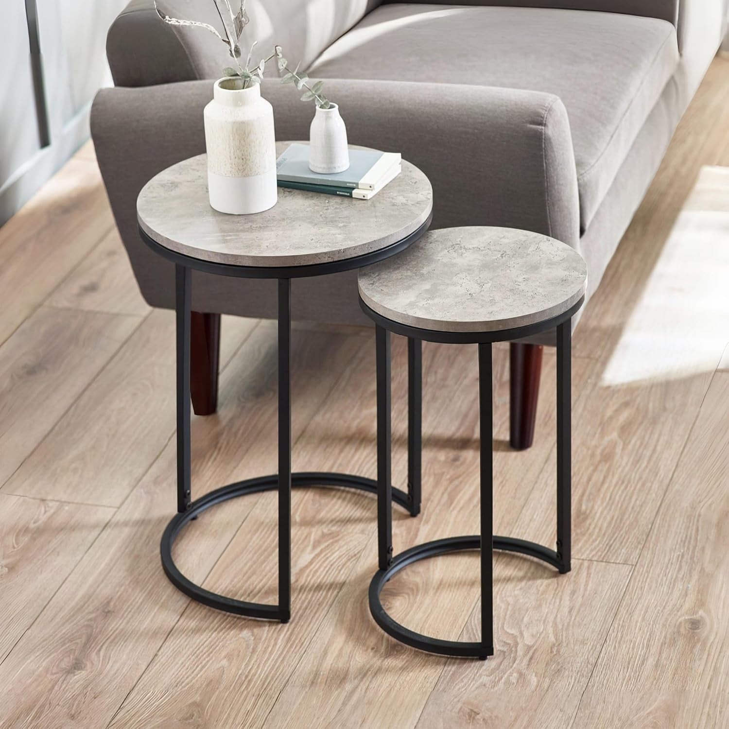 Round Nesting Side Tables Industrial Modern Concrete Black Metal Legs 2-Pack