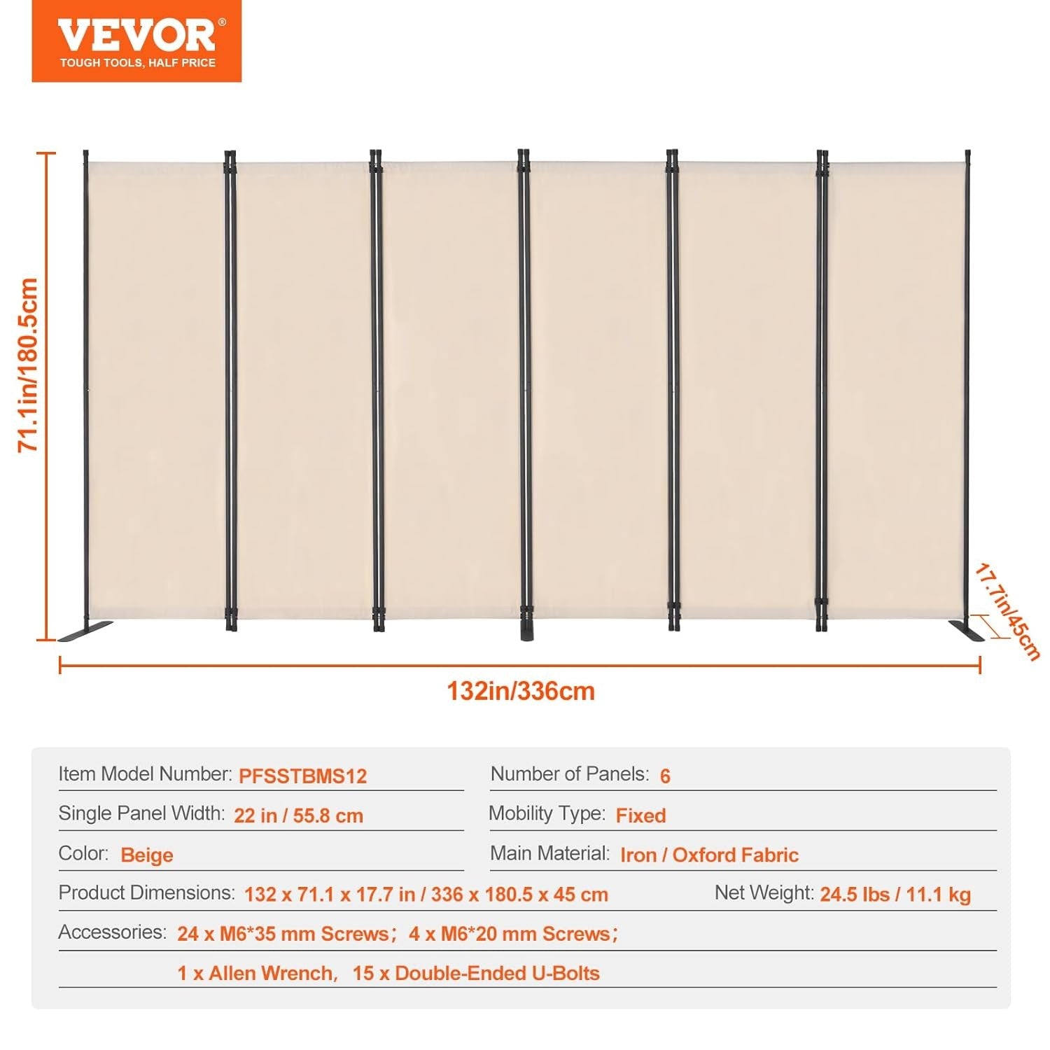 6 Panel Beige Folding Room Divider Privacy Screen Freestanding 317x181cm