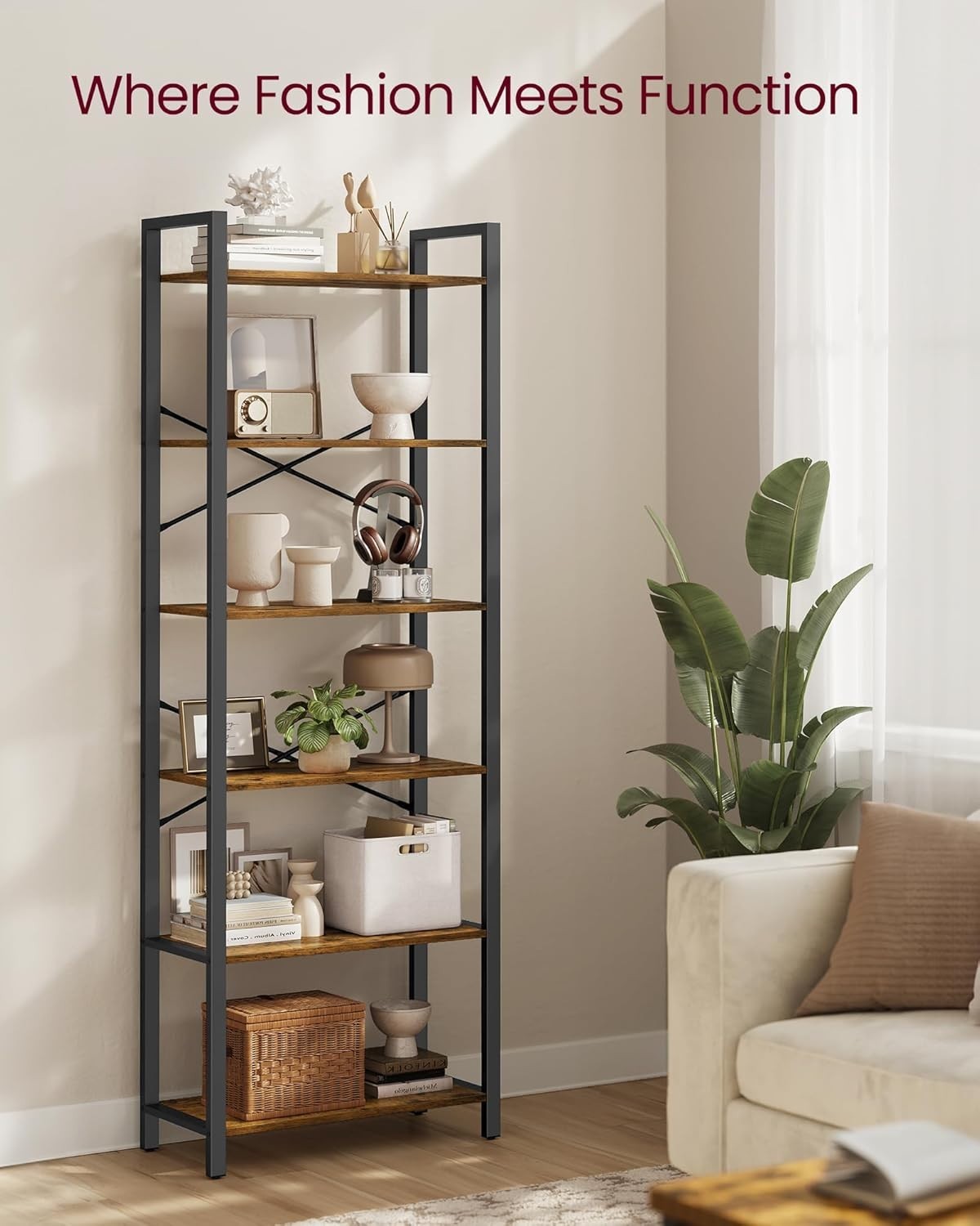 6-Tier Industrial Bookshelf Rustic Brown 186cm Tall Sturdy Storage Unit