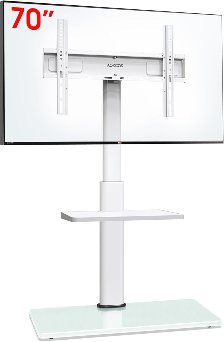 TV Stand 32–70” Floor Mount, Swivel Tilt Shelf, VESA 400x400, Height Adj