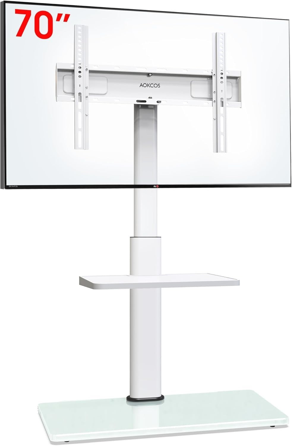 TV Stand 32–70” Floor Mount, Swivel Tilt Shelf, VESA 400x400, Height Adj
