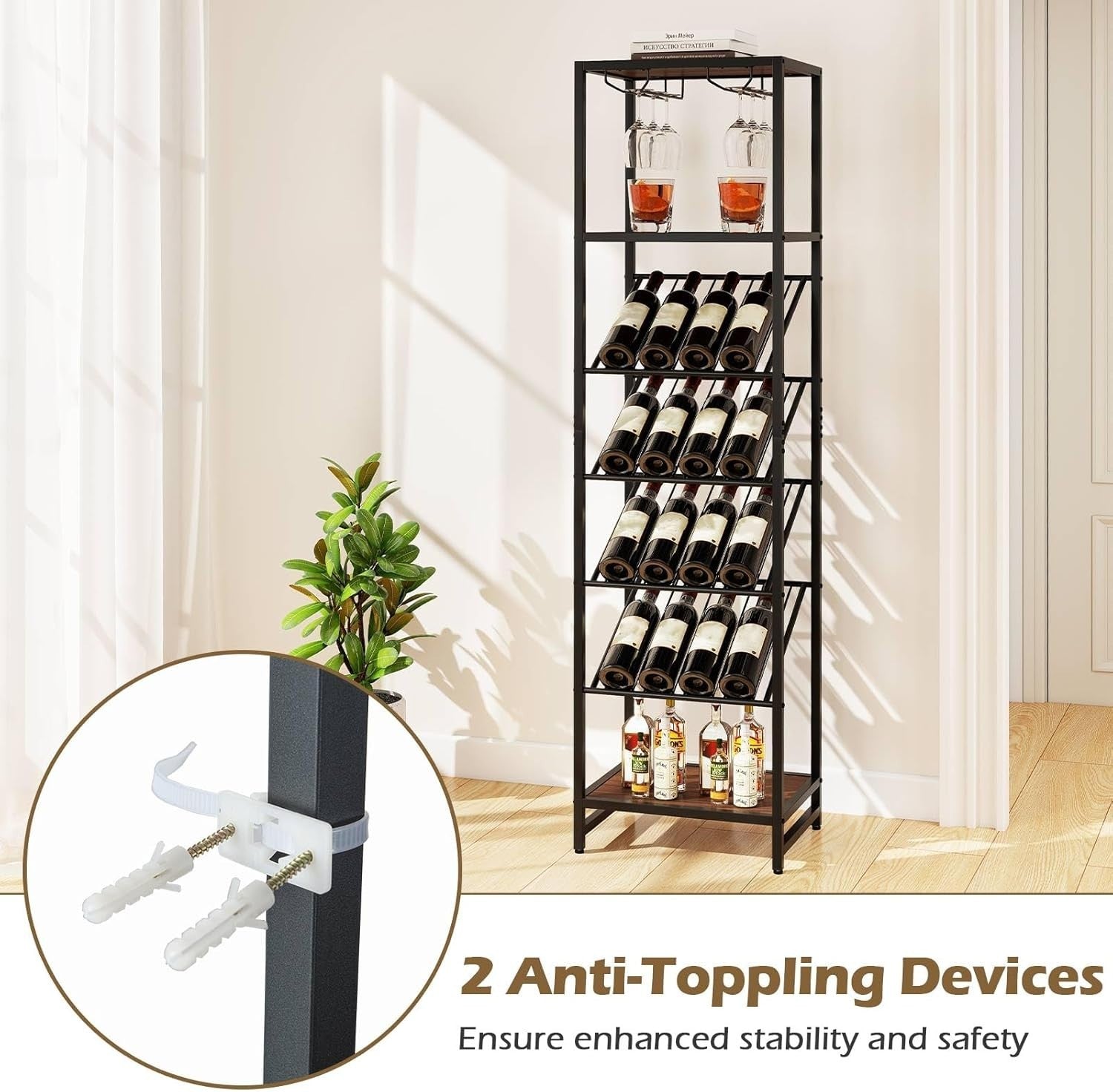 7-Tier Freestanding Wine Rack with Glass Holder, 16 Bottle Storage Shelf Unit