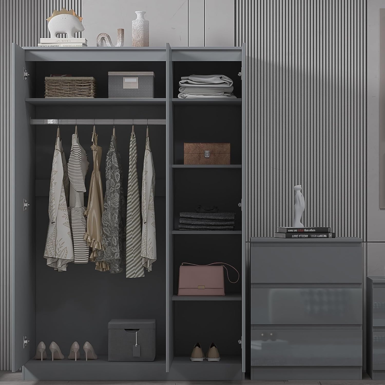 3 Door Grey Gloss Wardrobe with Hanging Rail & Shelves - 180cm x 120cm x 50cm