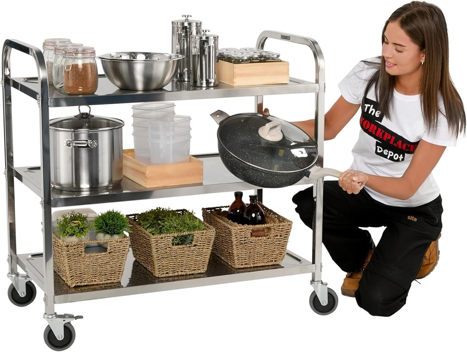 3 Tier Stainless Steel Catering Trolley w/ Locking Castors