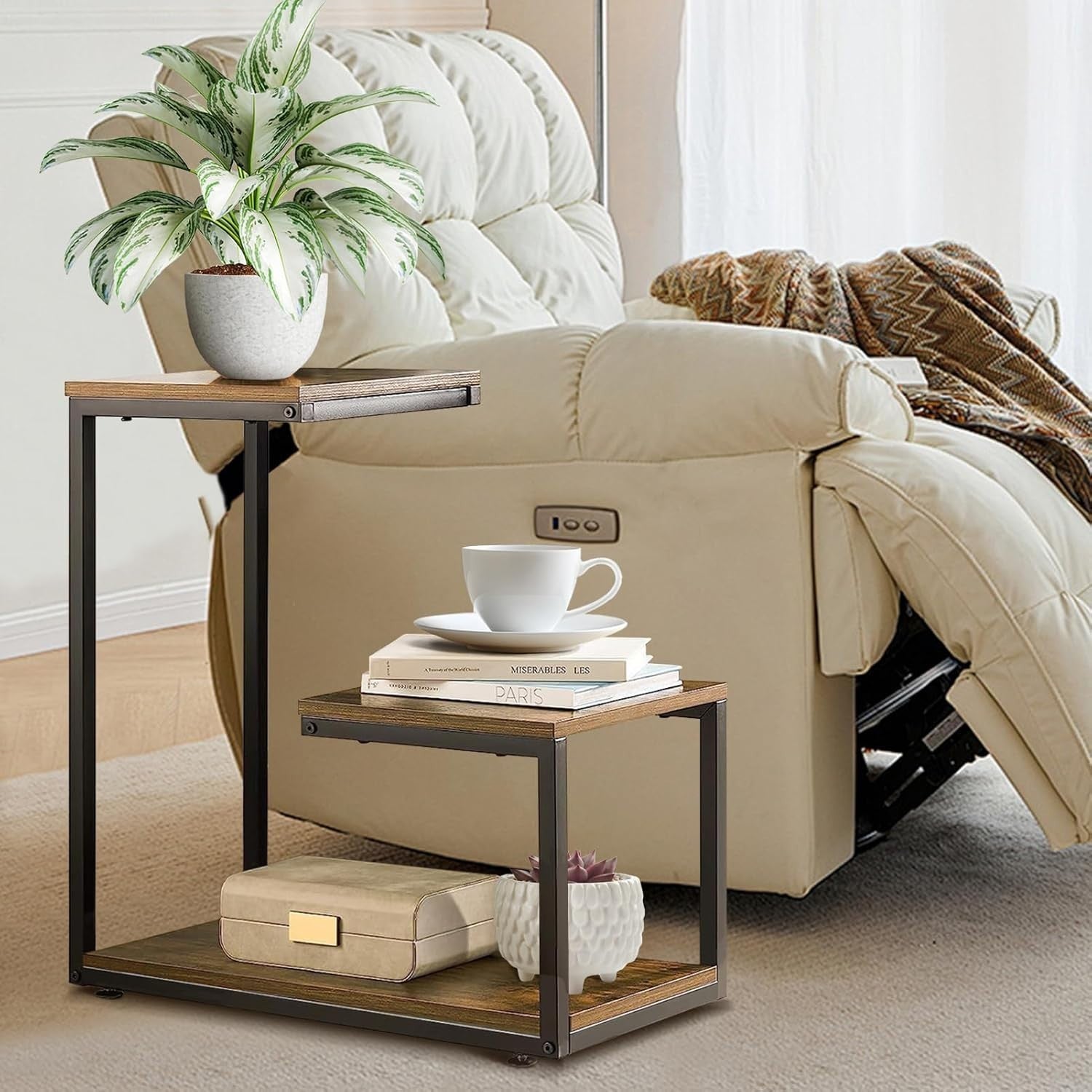 G-Shaped 3-Tier Side Table with Storage Metal Frame Rustic Brown Small Space