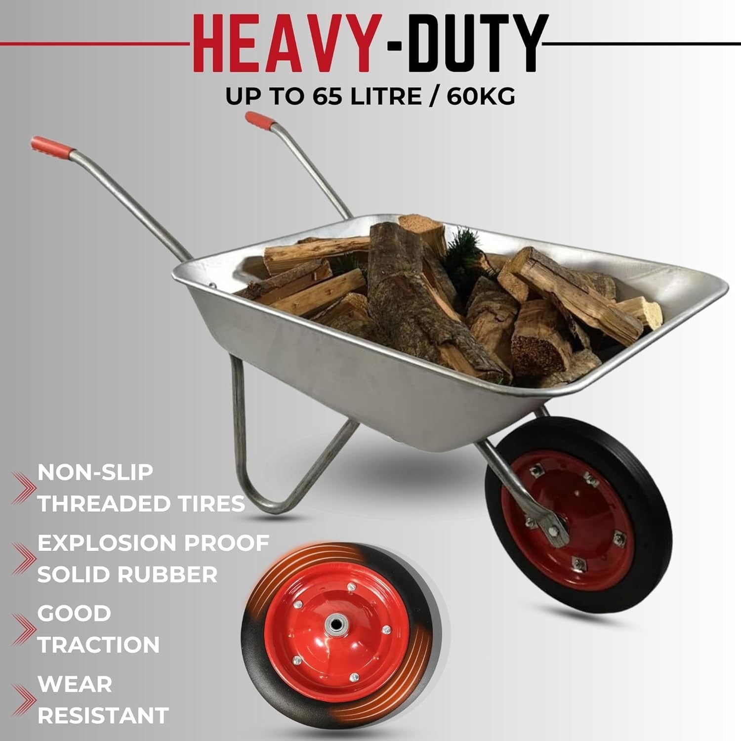 65L Wheelbarrow Silver – Galvanised Metal w/ Solid Tyre Durable Garden 60kg