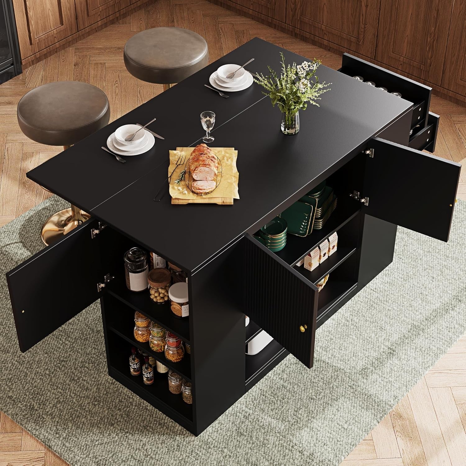 Kitchen Island with Fold Out Table, Storage Cabinet & Drawers, Black
