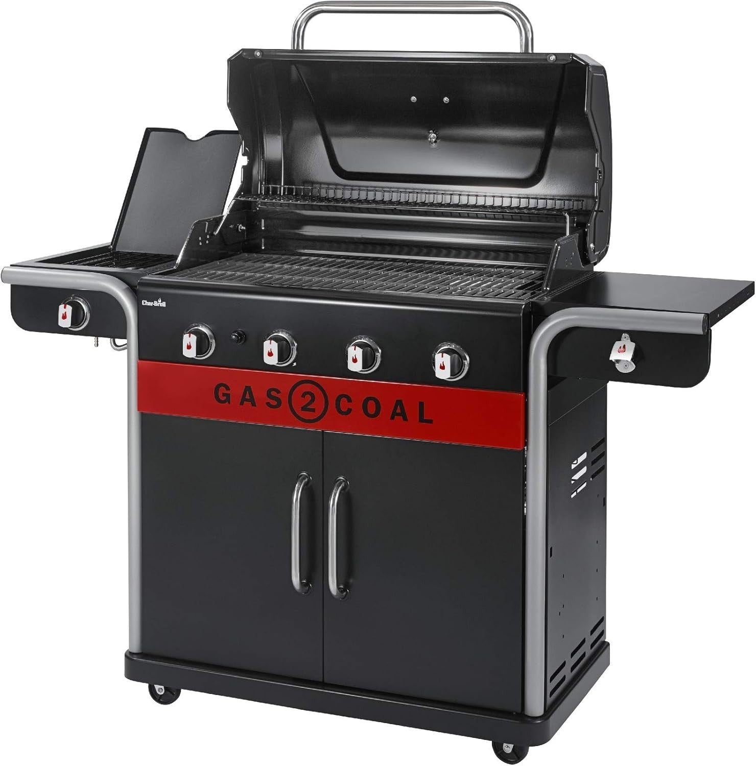 4 Burner Hybrid Gas Charcoal BBQ Grill Outdoor Family Barbecue with Side Shelves