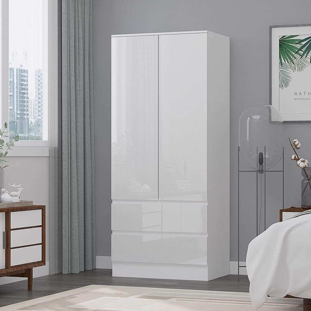 Modern White Gloss 2 Door Wardrobe with Drawers Soft Close Bedroom Storage