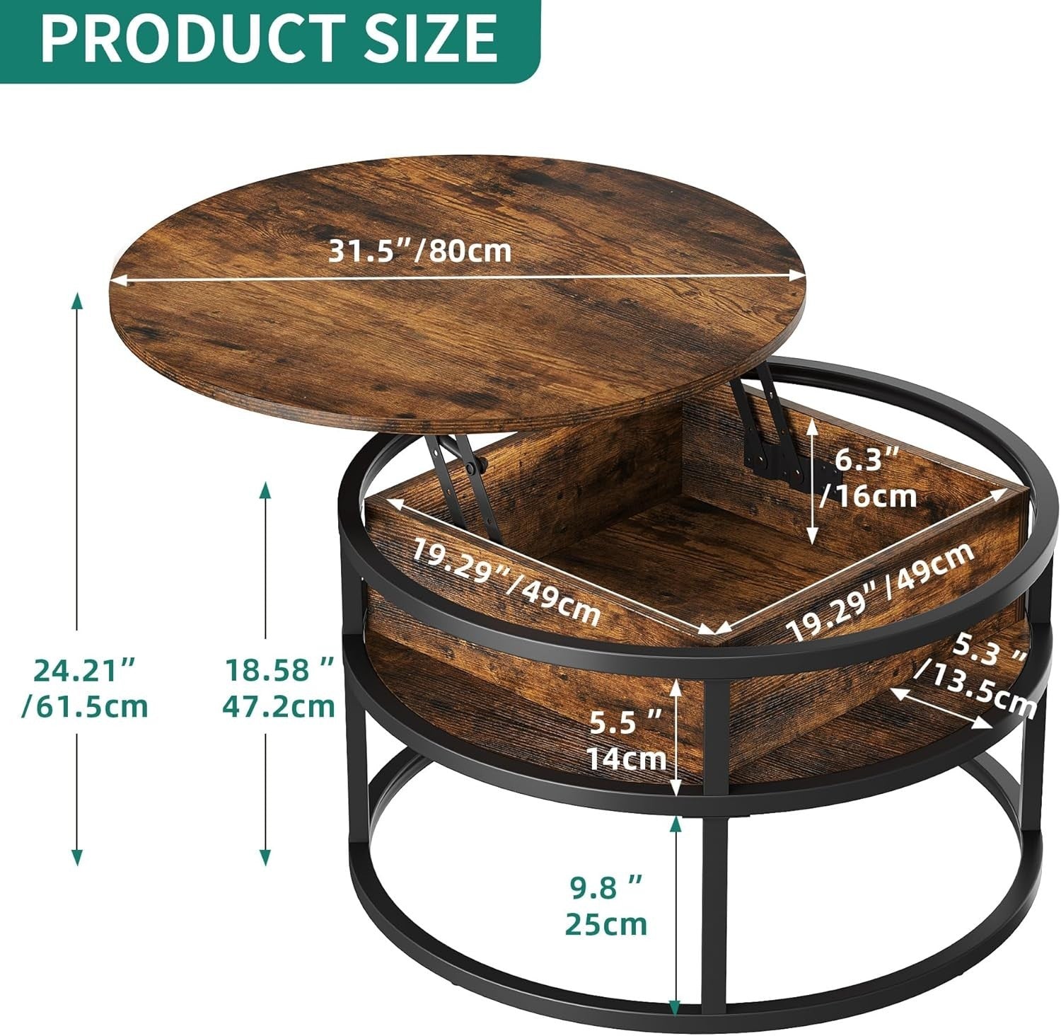 Lift Top Coffee Table Round 80x80x47cm with Hidden Storage Brown Wood
