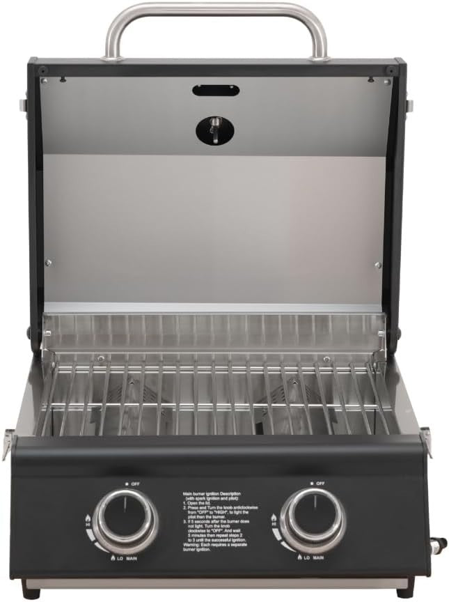 Compact 2 Burner Portable Gas BBQ Grill with Temperature Gauge Tabletop Outdoor