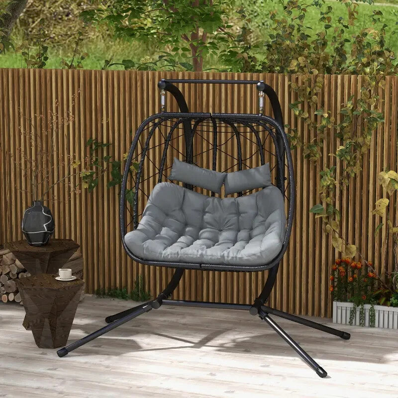 2 Seater Rattan Swing Egg Chair w/ Stand Cushion Garden Patio Hanging Seat