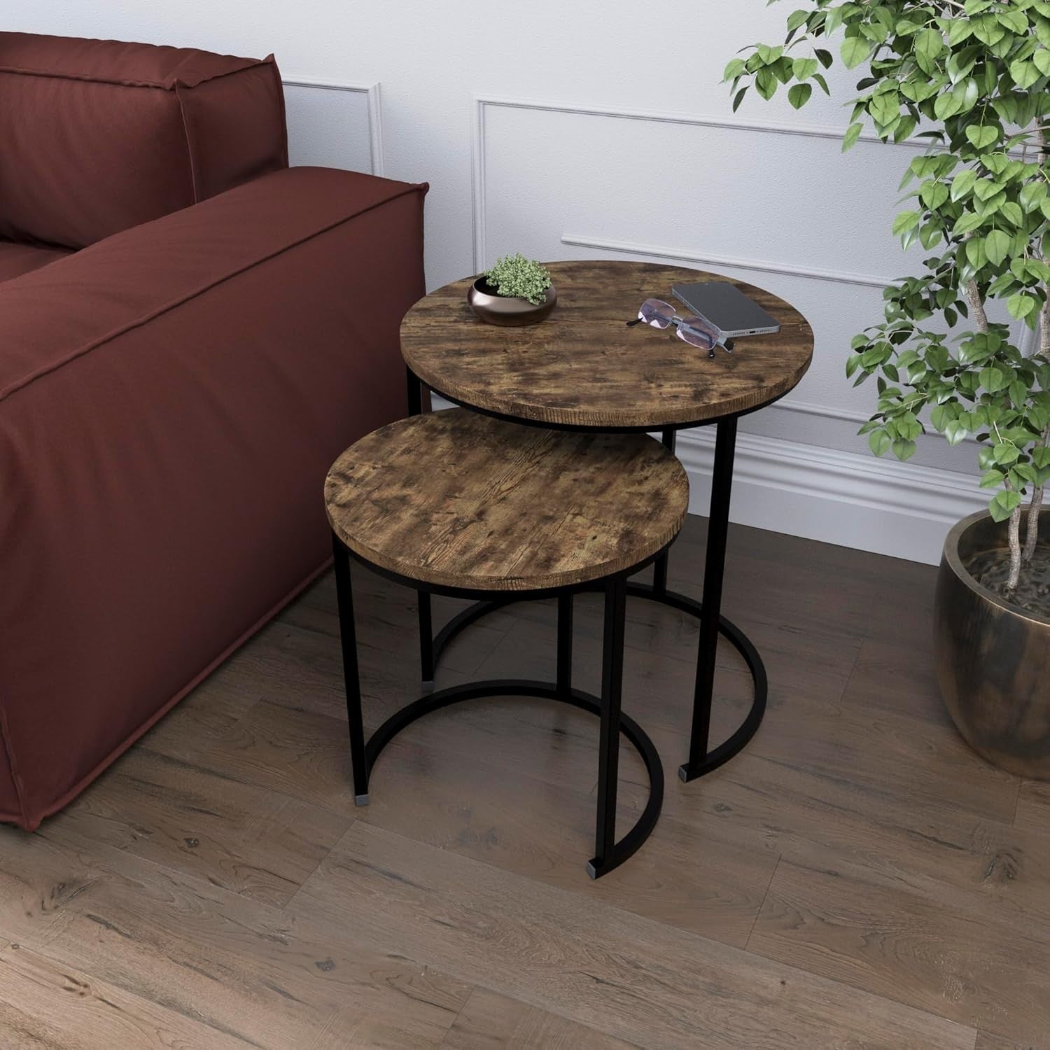 Set of 2 Industrial Nesting End Tables Wood Metal Frame Dark Coffee Side Modern