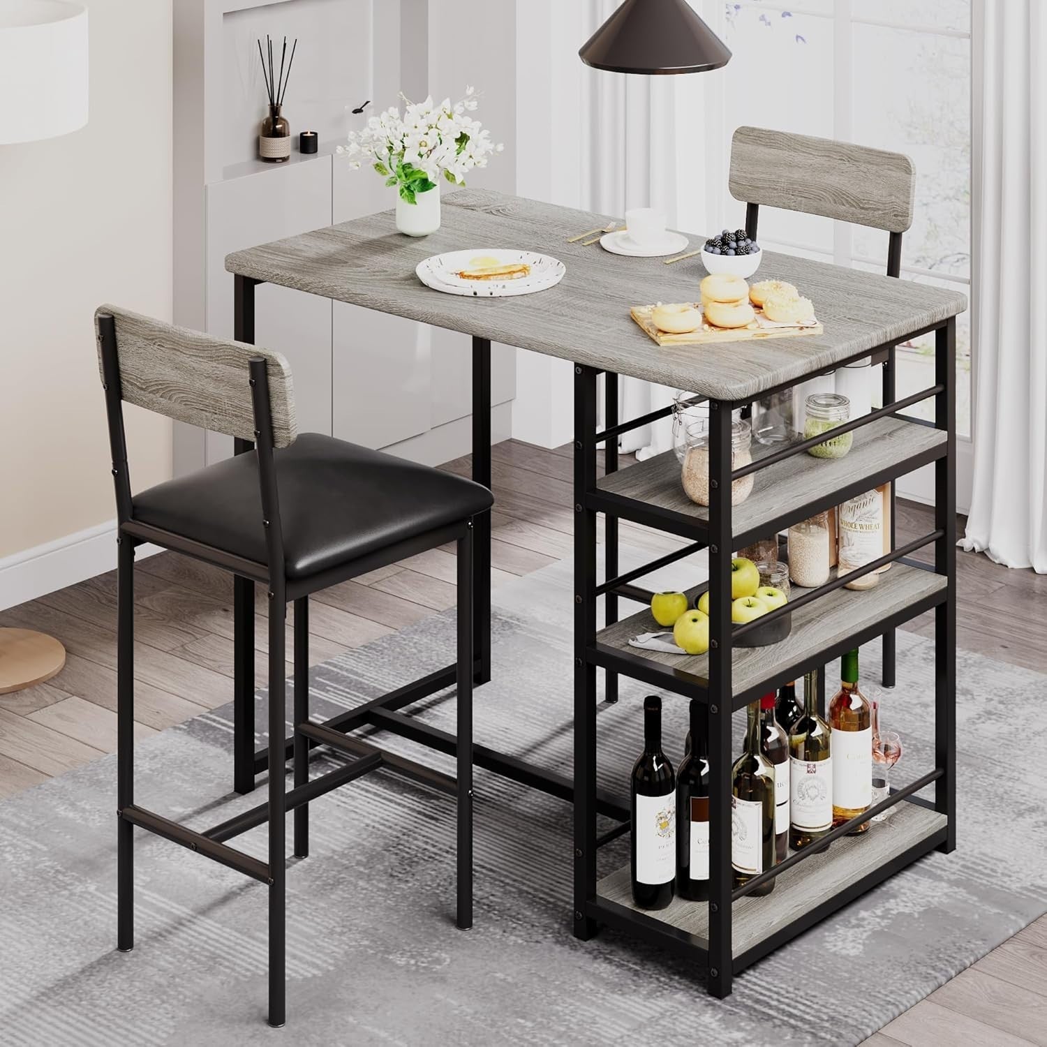 3 Piece Bar Table Set 2 PU Leather Stools & Storage Shelf High Dining Furniture