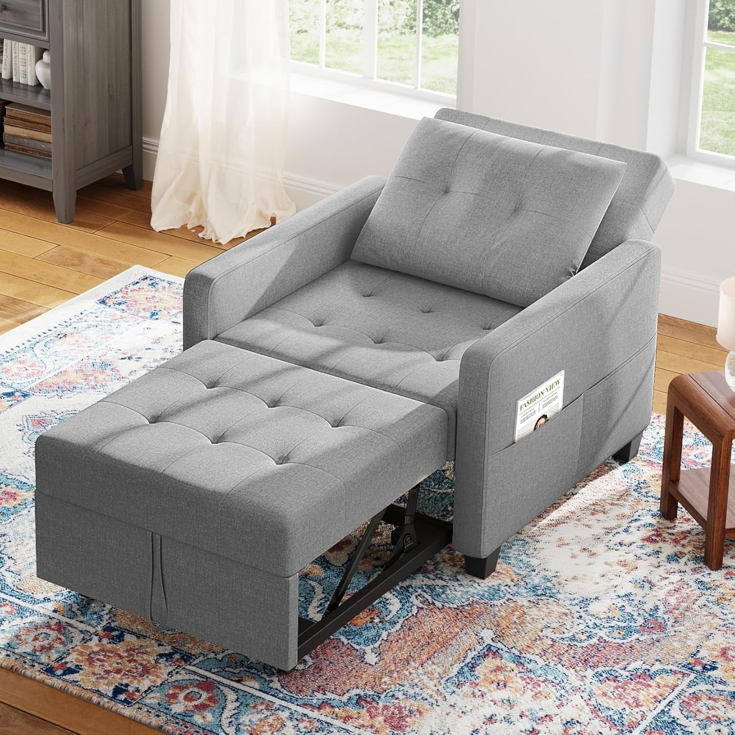 3-in-1 Sofa Bed Grey Single Chair Sleeper w/ Storage, Foldable & Adjustable