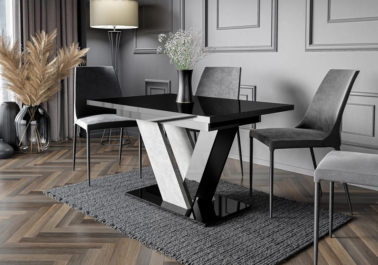Extendable Marble Dining Table Black White Gloss 6 Seater Modern 160cm