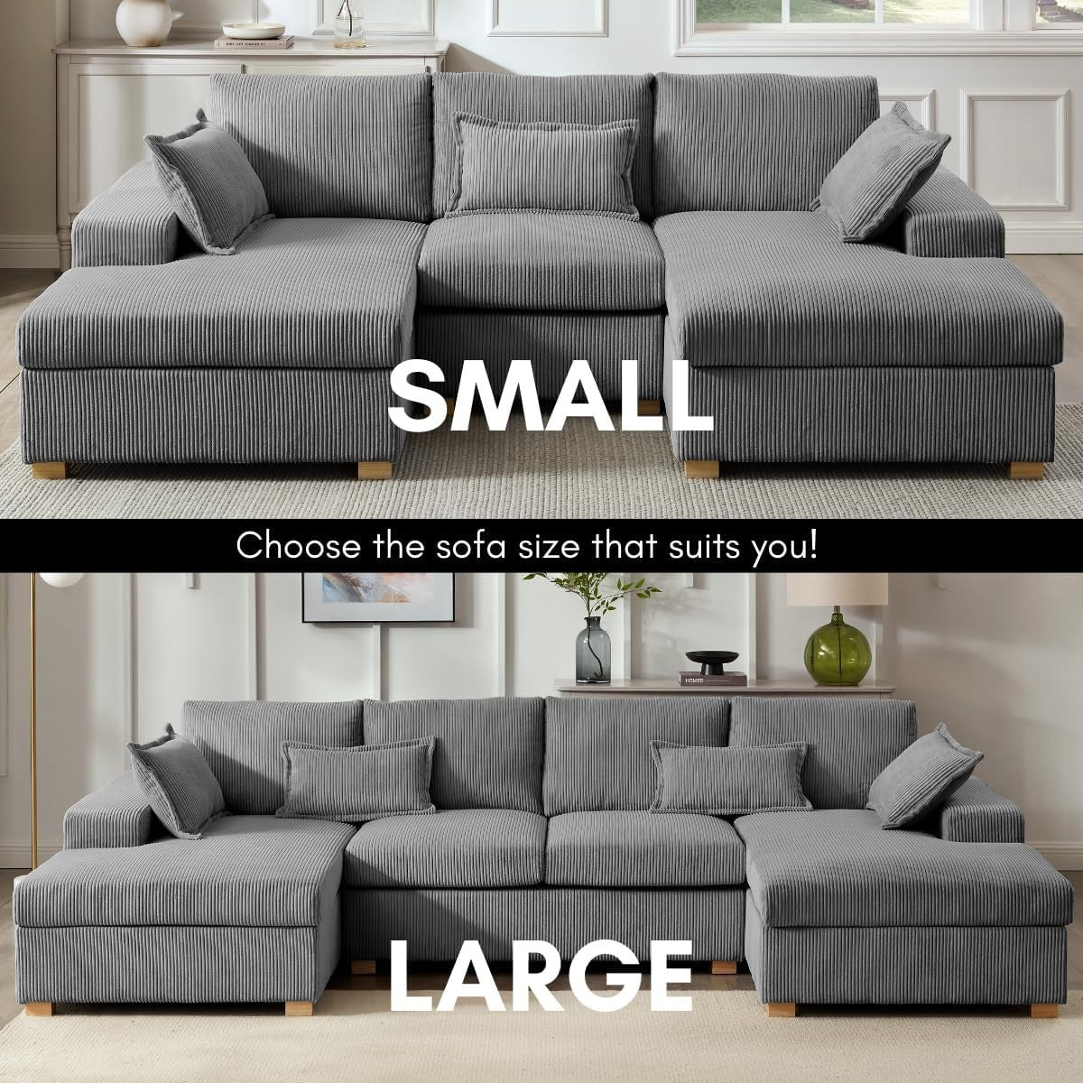 U-Shape Jumbo Cord Sofa Dark Grey 4-Seater | Deep Seat + Optional Footstool