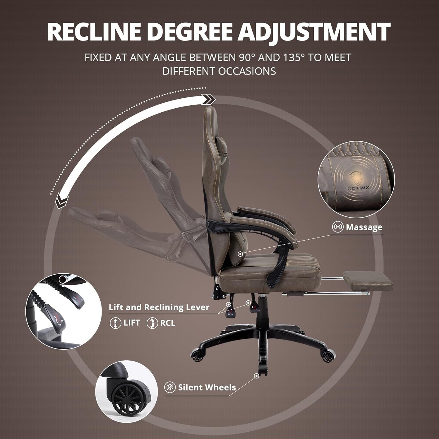 Gaming Chair Recliner with Footrest Massage Lumbar Brown PU Leather