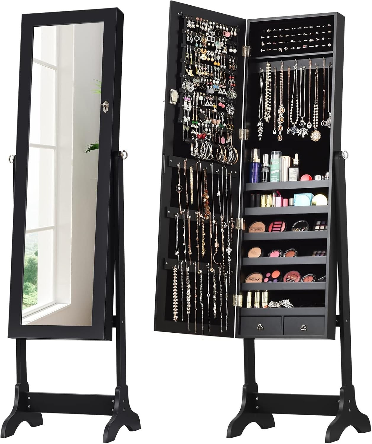 Lockable Standing Jewelry Armoire Mirror Adjustable Angle Storage Cabinet Black