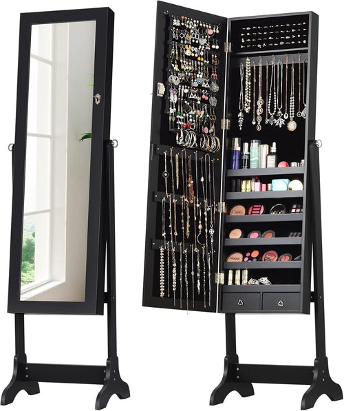 Lockable Standing Jewelry Armoire Mirror Adjustable Angle Storage Cabinet Black