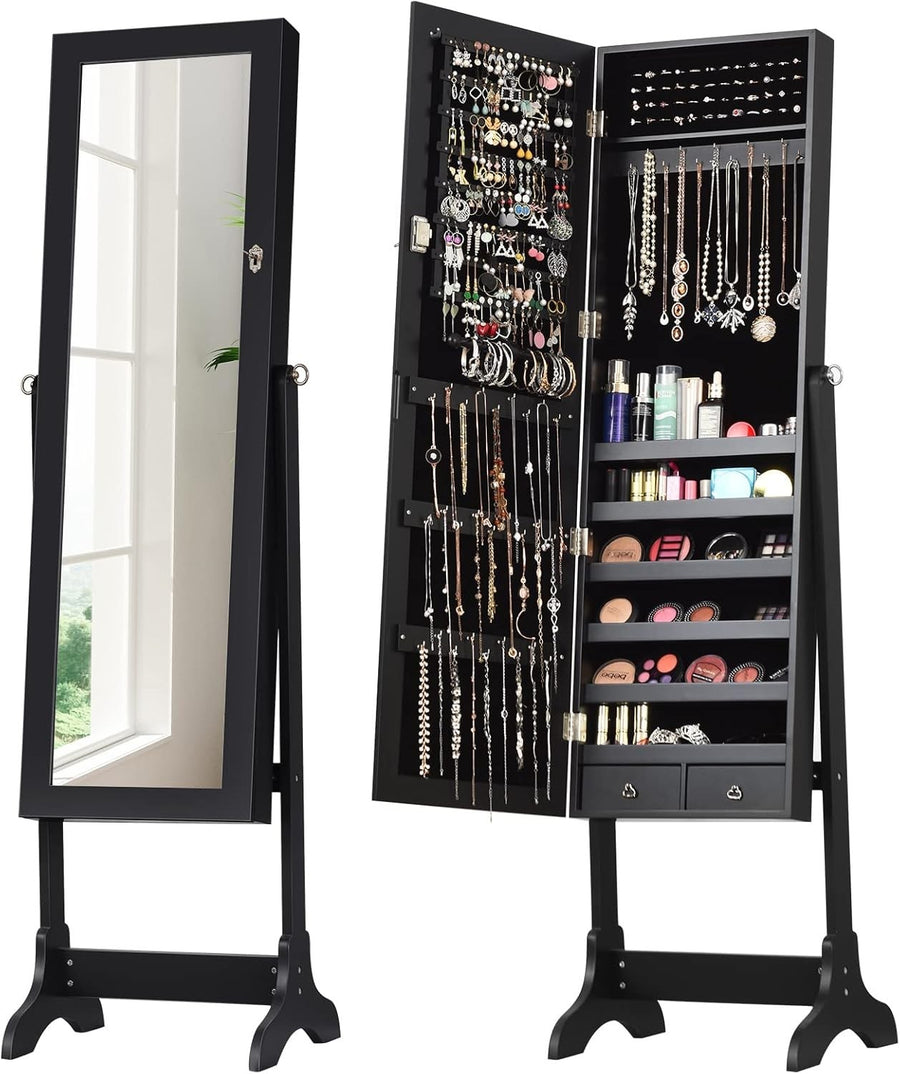 Lockable Standing Jewelry Armoire Mirror Adjustable Angle Storage Cabinet Black