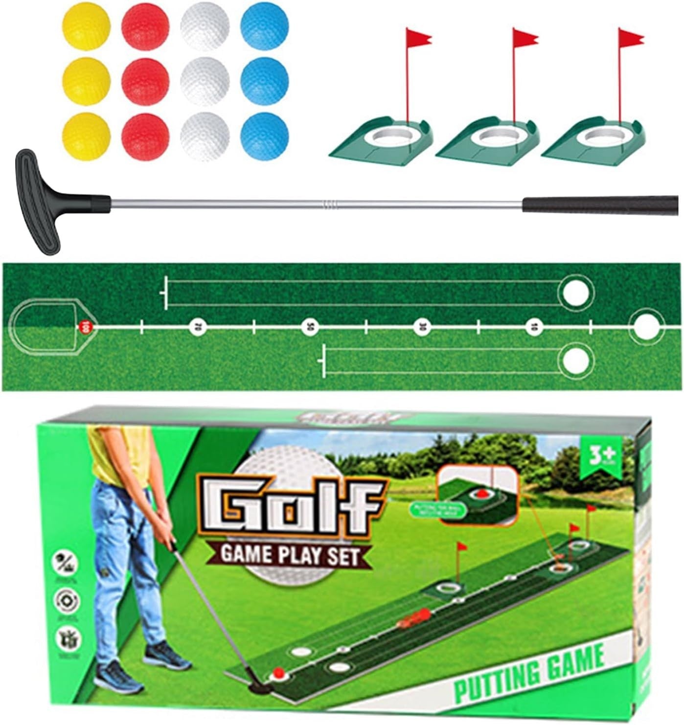 Golf Putting Mat Indoor Outdoor Practice Set w Balls Flags Cups Training