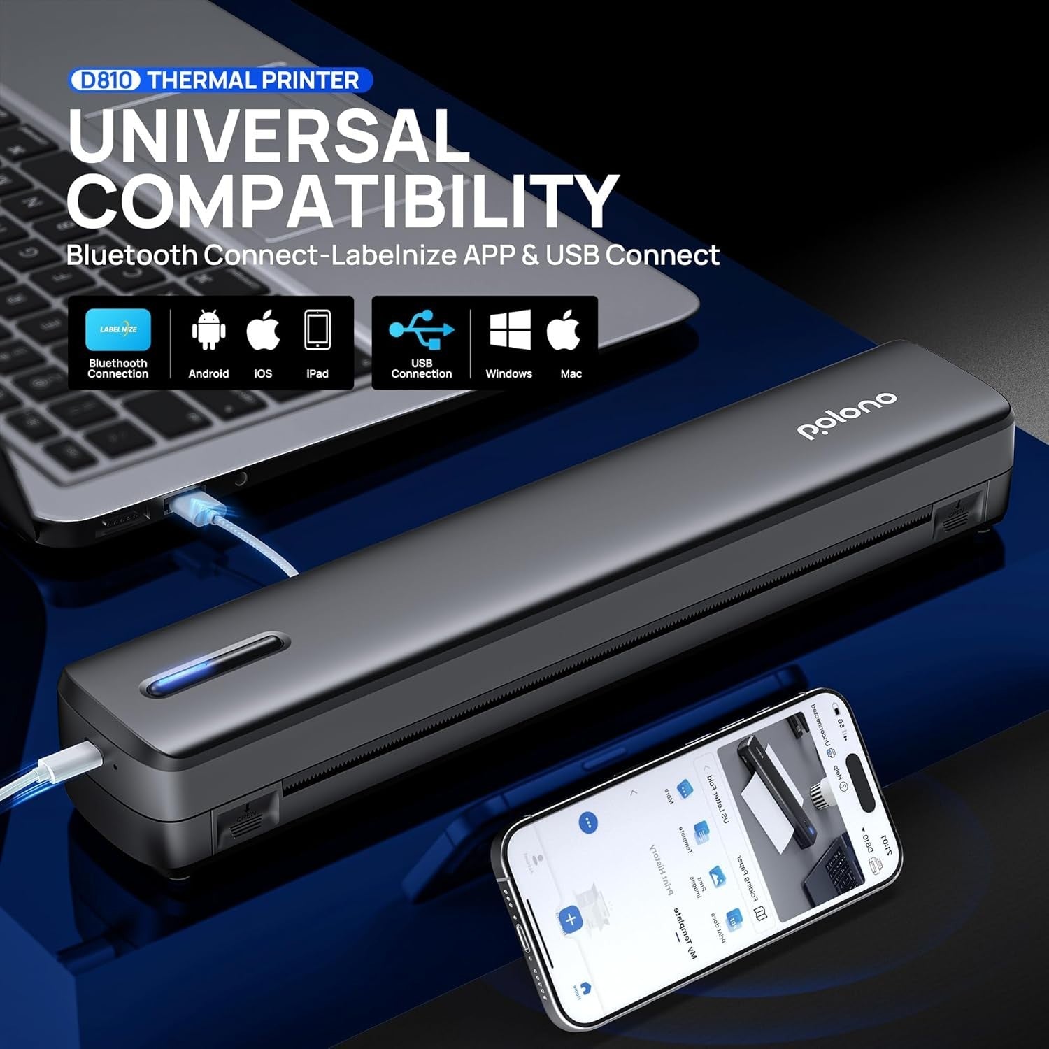 Black Portable A4 Wireless Thermal Printer Bluetooth Inkless Travel Office