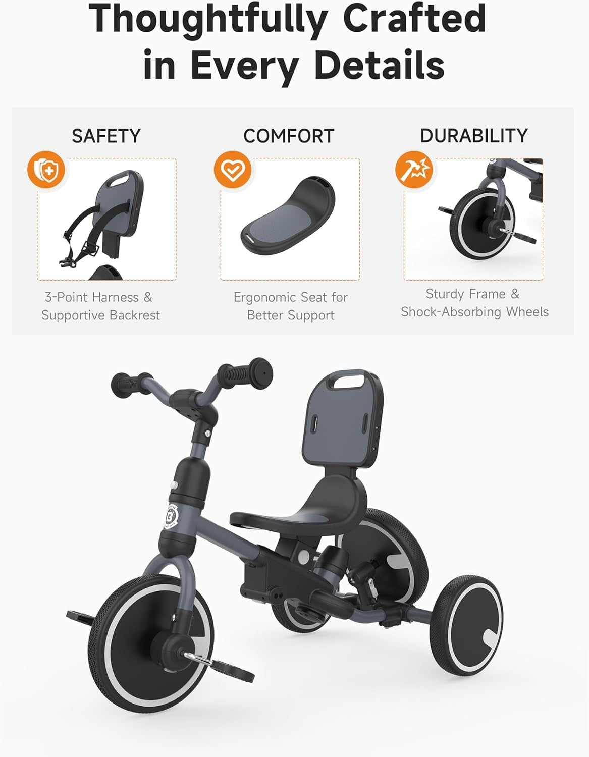 5 In 1 Toddler Trike Push Handle Safety Harness Balance Bike Ride On