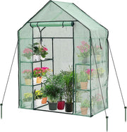 Walk-In Greenhouse with 4 Shelves Reinforced PE Cover Roll-Up Door 143x195cm